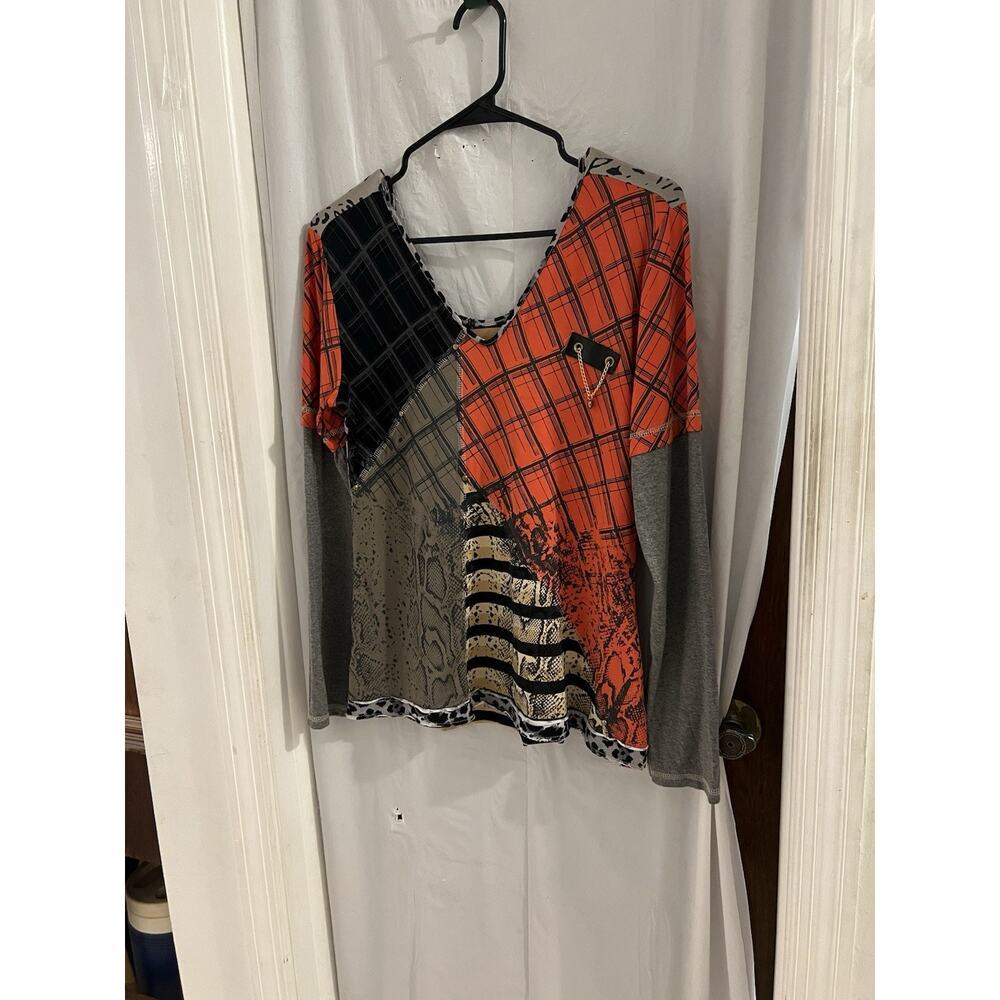 Brazil Roxx Multicolor Patchwork Long Sleeve Tee Metal Accents S/M Avant Garde